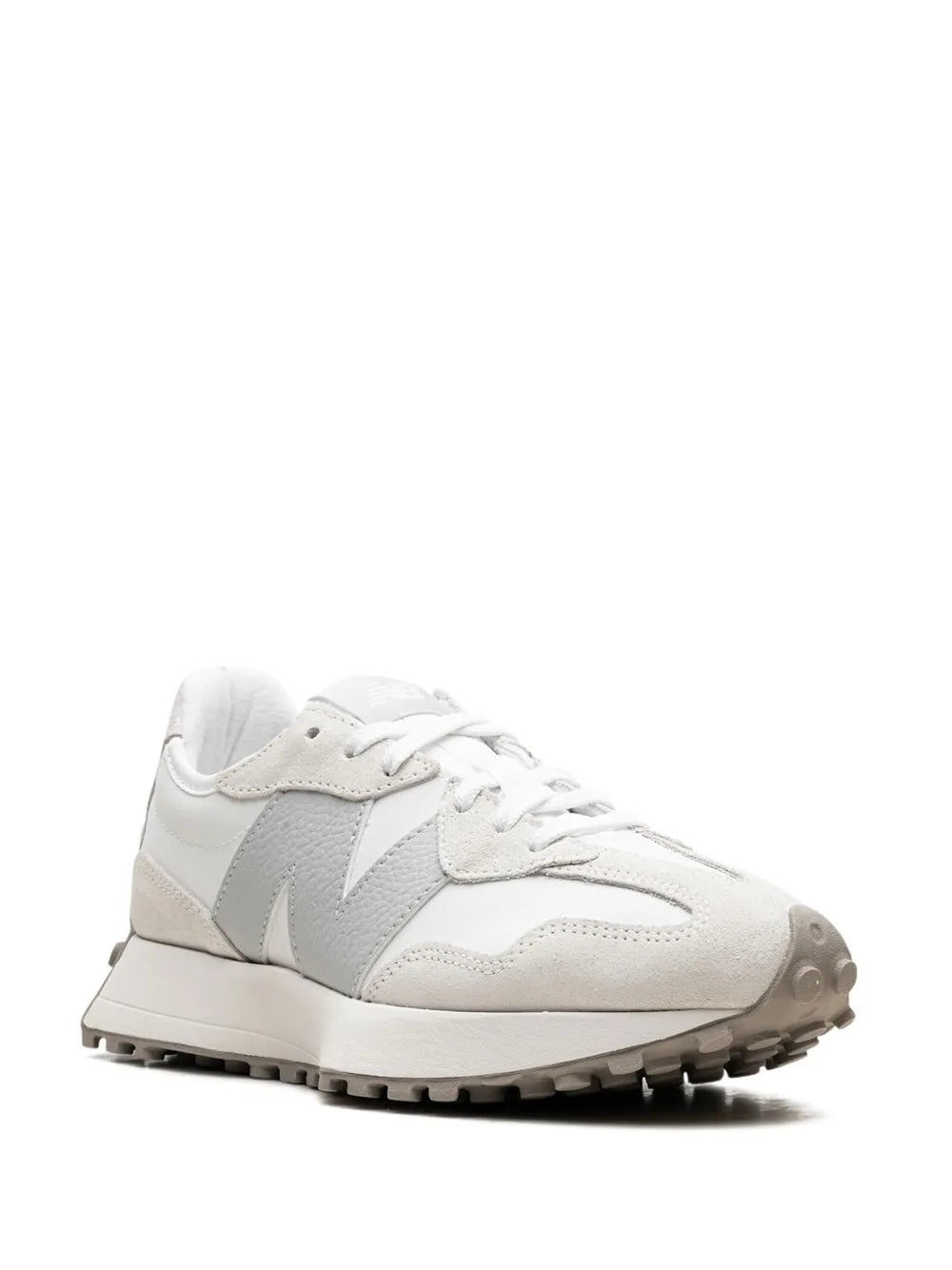 White lace-up sneaker with light-gray side stripe and treaded rubber outsole.