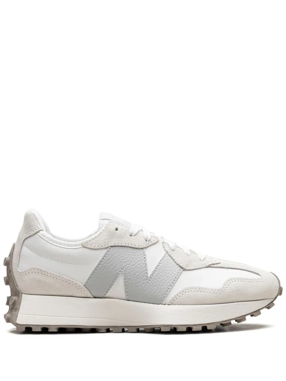 New Balance 327 lace-up sneaker in white with light-gray panels and rubber sole.