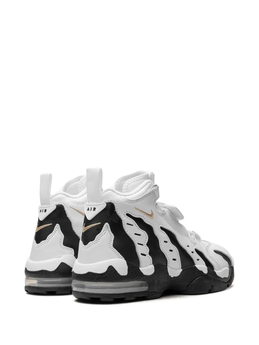 Nike Air Max 96 sneakers, rear three-quarter view with black heel and white upper