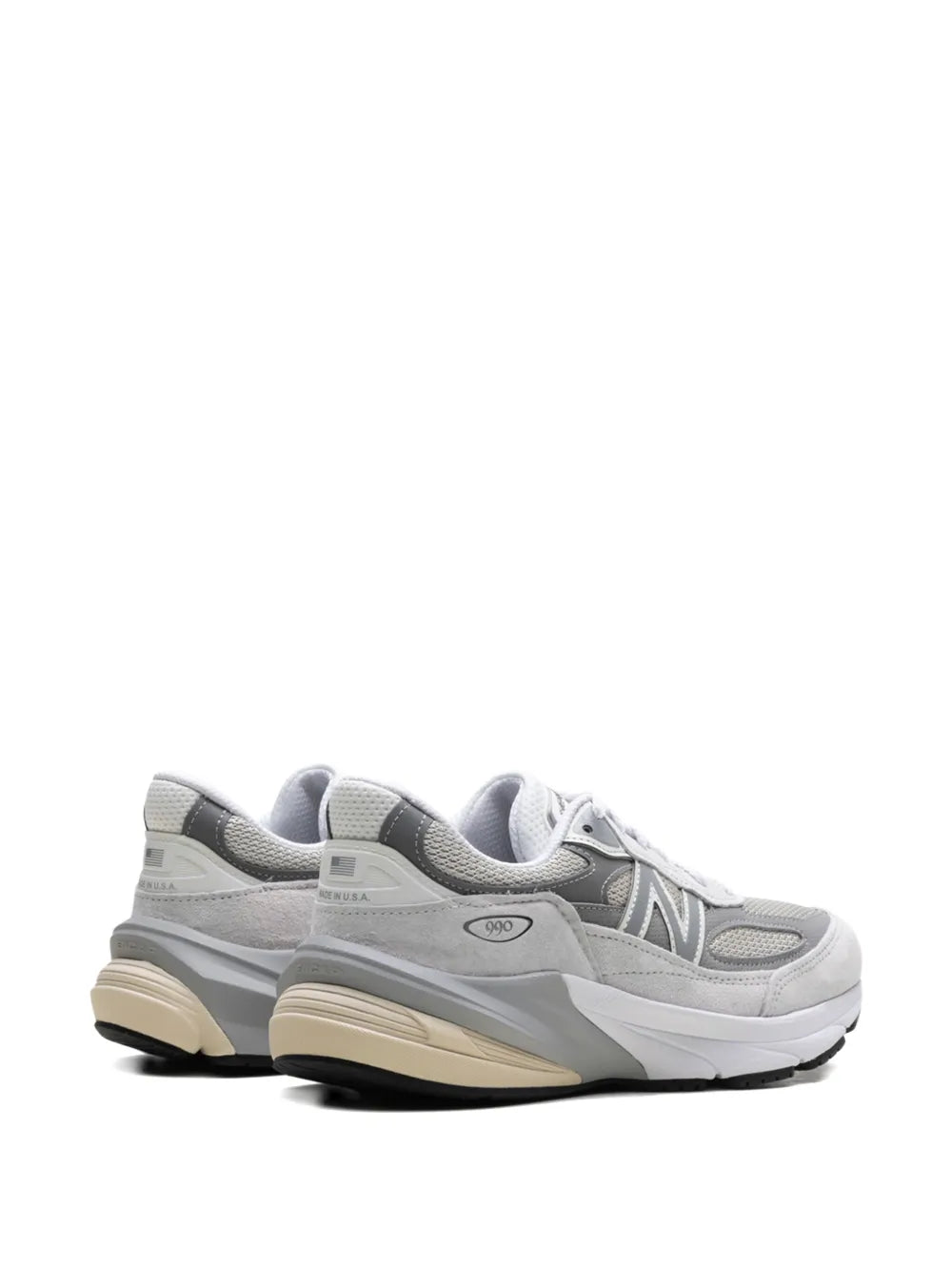 Grey New Balance 990V6 sneakers, side profile with N logo, lace-up, tan midsole