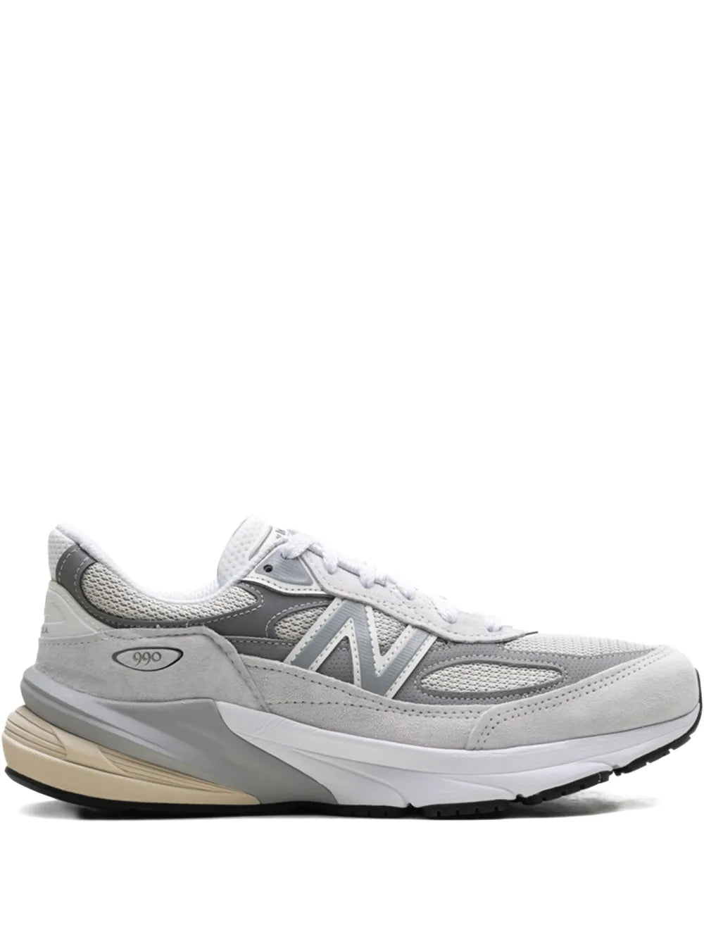 Grey New Balance 990V6 sneakers with N logo, lace-up, and tan midsole