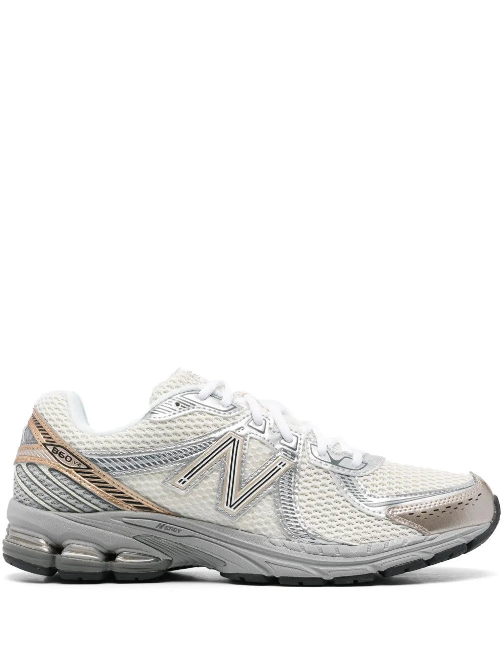 New Balance 860V2 mesh sneakers, white with grey and bronze accents, lace-up