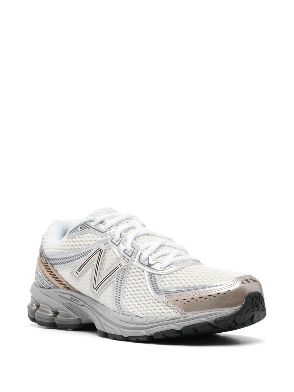 New Balance 860V2 lace-up sneakers, white mesh with grey panels and bronze stripe