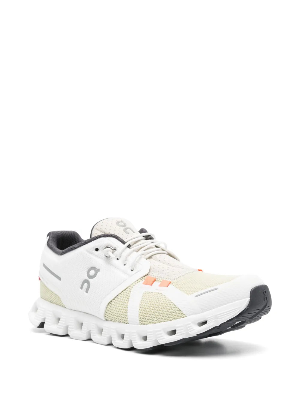 White lace-up running shoe angled view with beige inserts and cloud pod sole