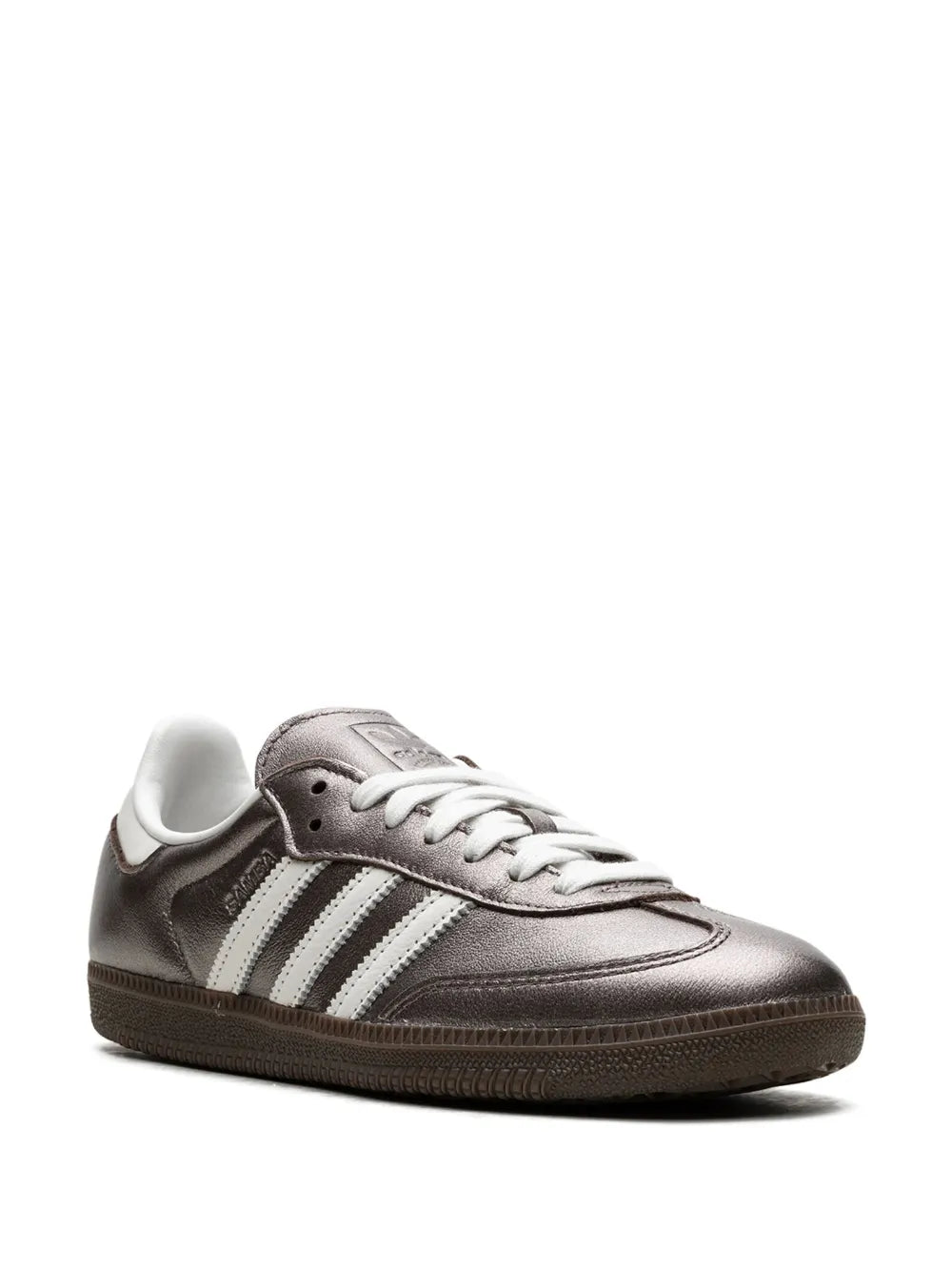 Samba Og sneaker side view in dark metallic gray leather with white three stripes