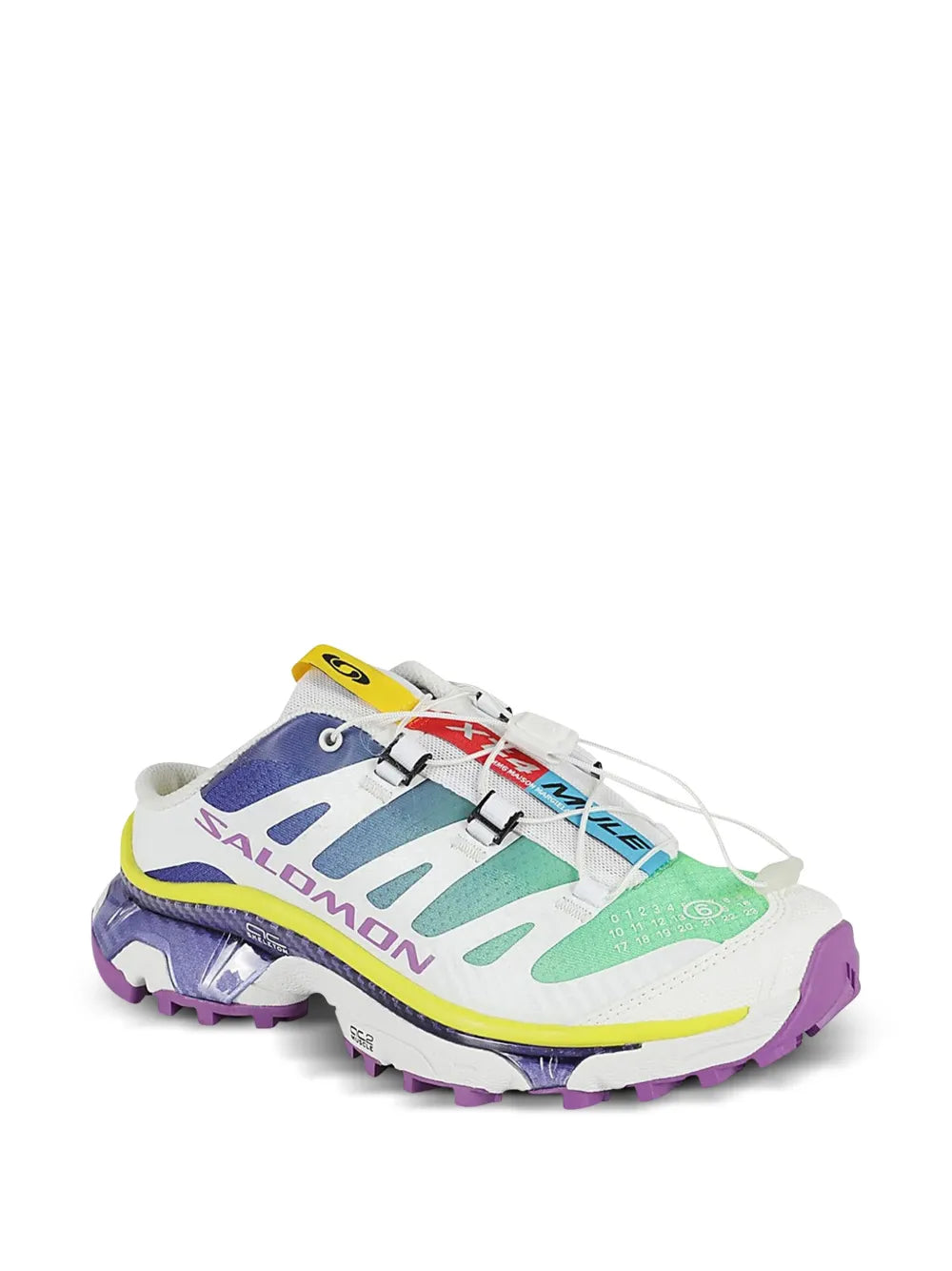 White slip-on sneaker with multicolor band, laces, and rugged purple outsole