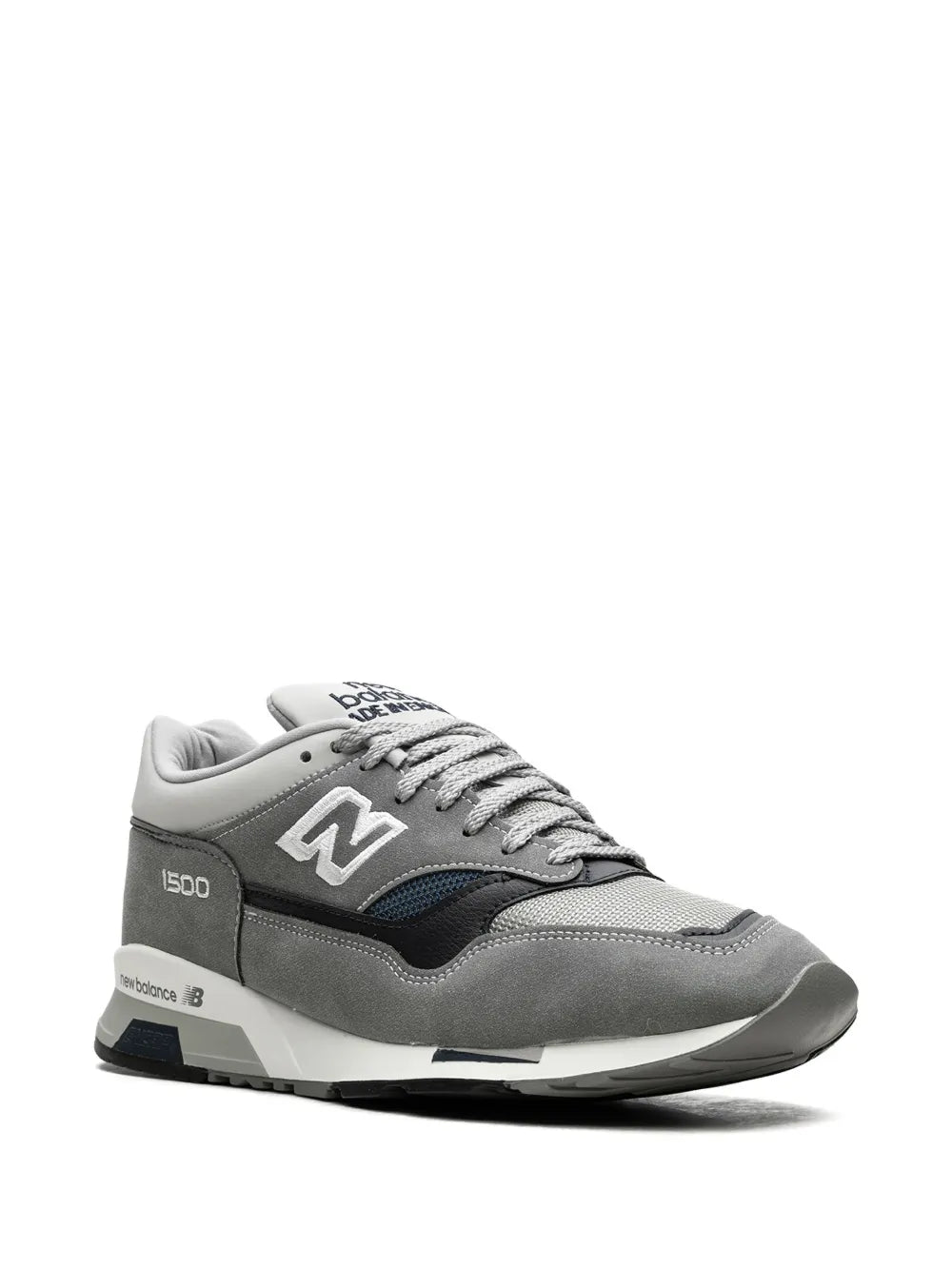 New Balance 1500 steel grey sneakers, side view with lace-up and suede panels