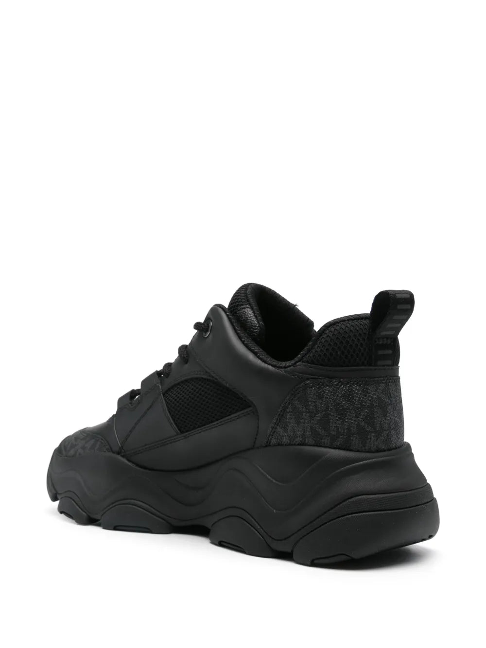 Black lace-up trainer with heel pull tab and MK logo on ankle