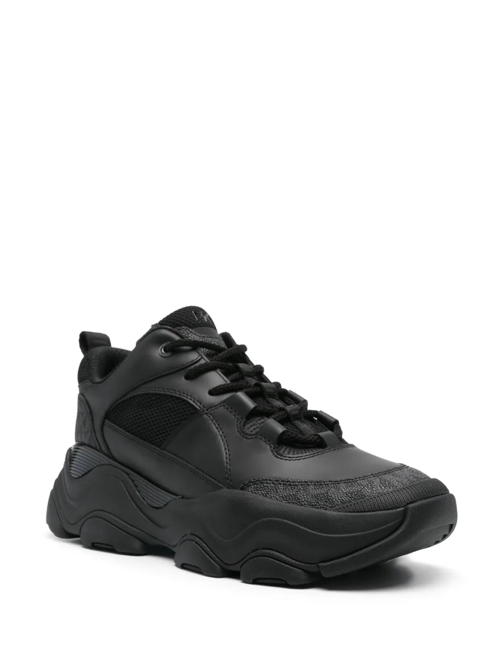 Black lace-up sneaker with textured toe cap and sculpted sole