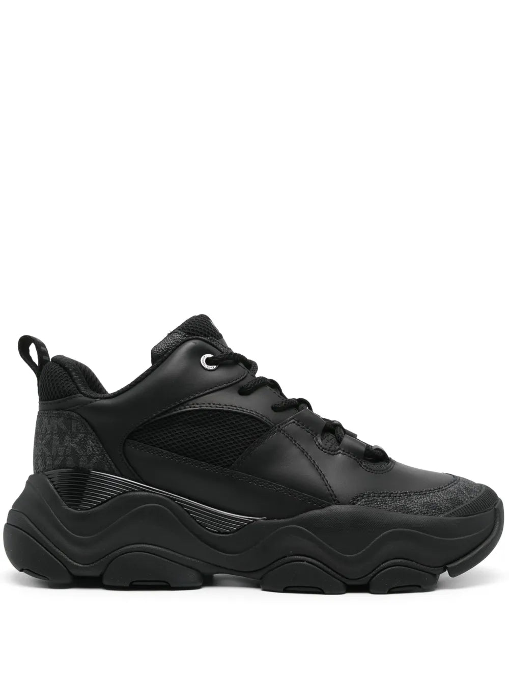Black lace-up chunky trainer with mesh panels and side logo