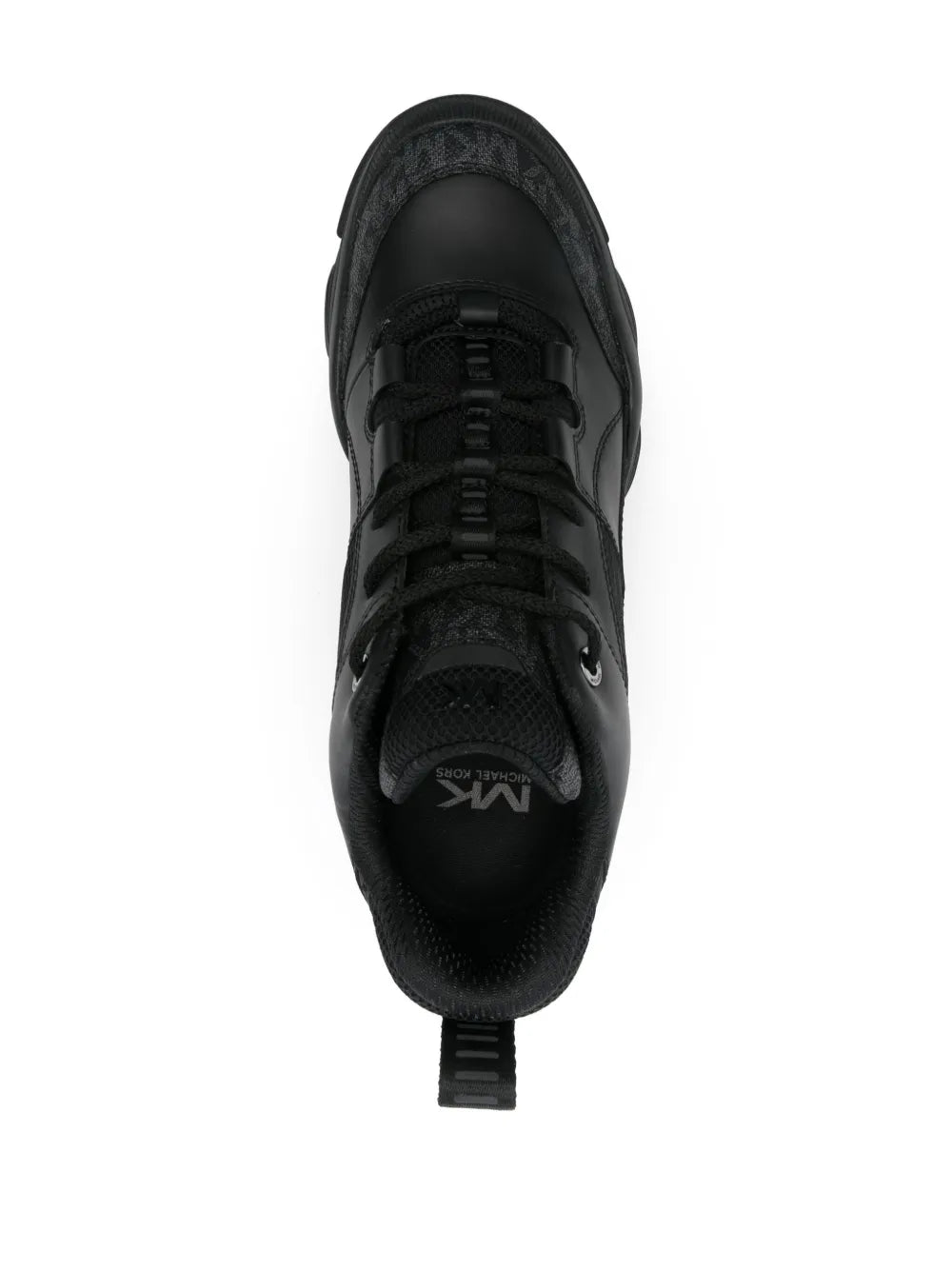 Black lace-up sneaker front view with tongue and lace loops