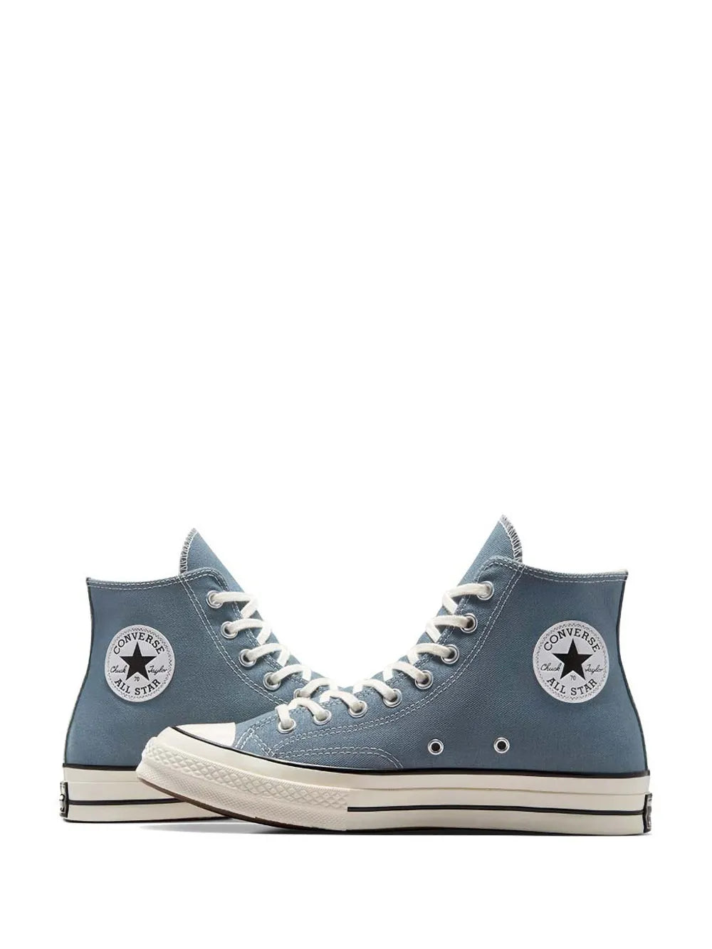 Blue high-top sneakers, angled front view with lace-up and star logo patch