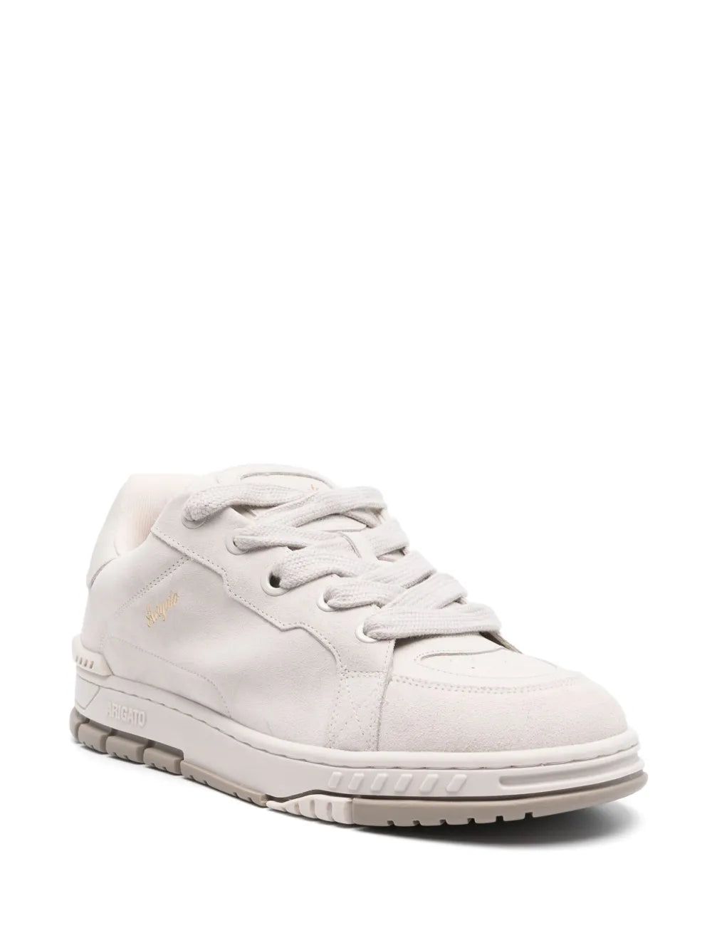White lace-up low-top sneakers side view with cushioned collar and patterned sole