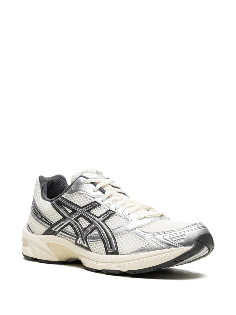Cream/white lace-up sneakers with black and gray side stripes, cushioned midsole