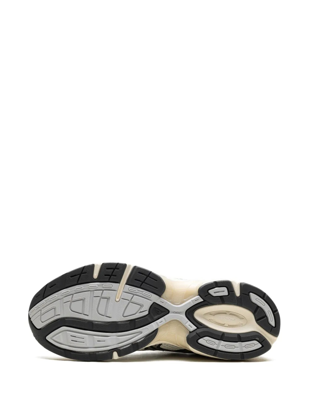 Shoe outsole for cream and gray sneakers with black tread and beige midfoot panel
