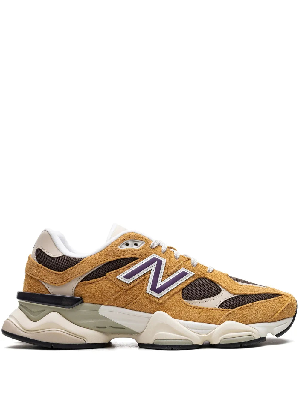 New Balance 9060 sneakers, butterscotch suede with purple N logo and white midsole