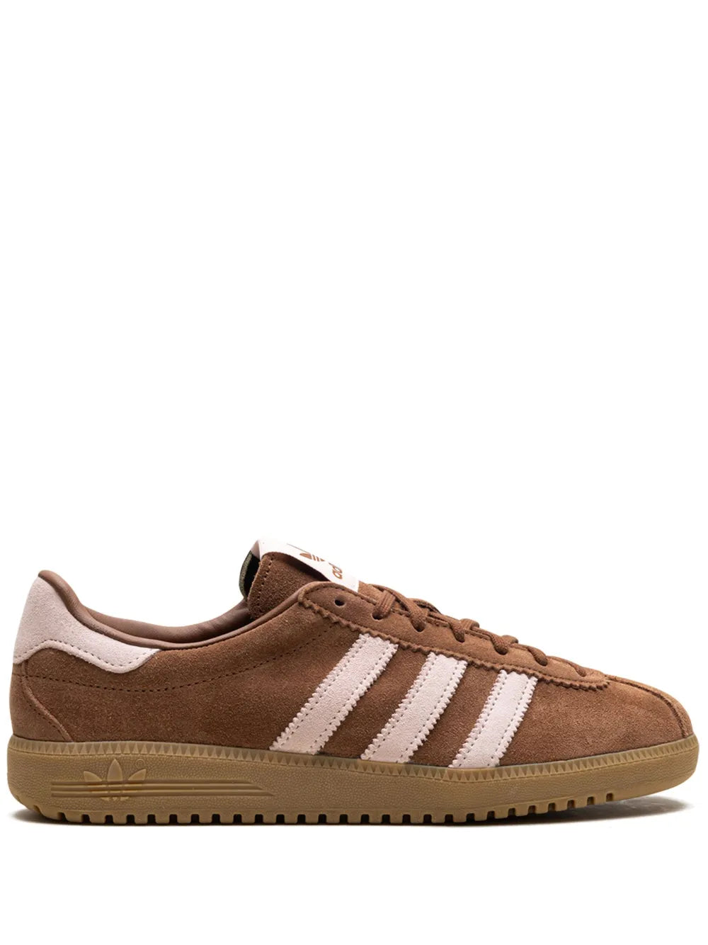 Brown suede adidas sneakers with white triple stripes and lace-up front