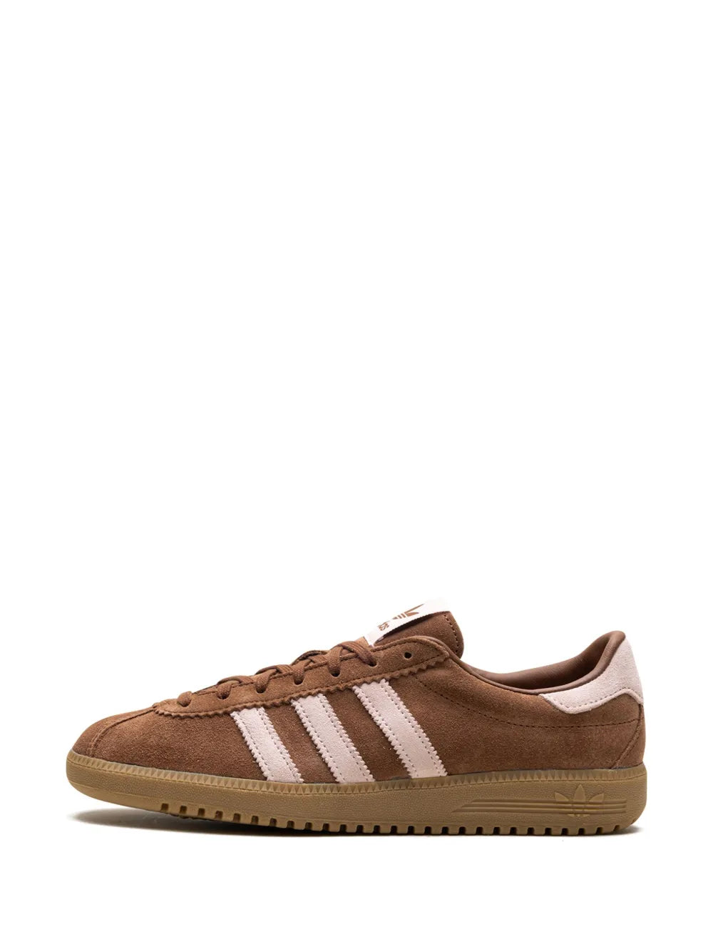Brown adidas low-top sneakers with white triple stripes and lace-up design