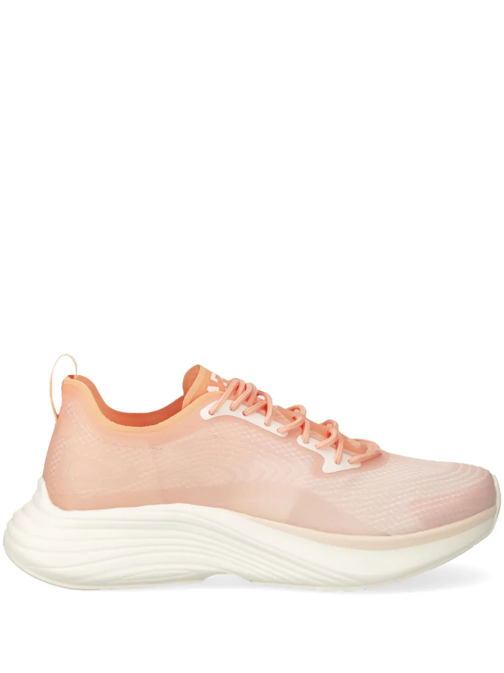 Pink mesh-panel athletic running shoe with orange laces and cushioned sole