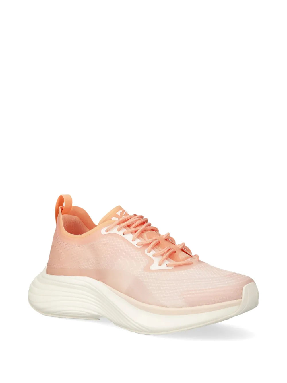 Pink mesh athletic sneaker, side view, orange trim and white laces