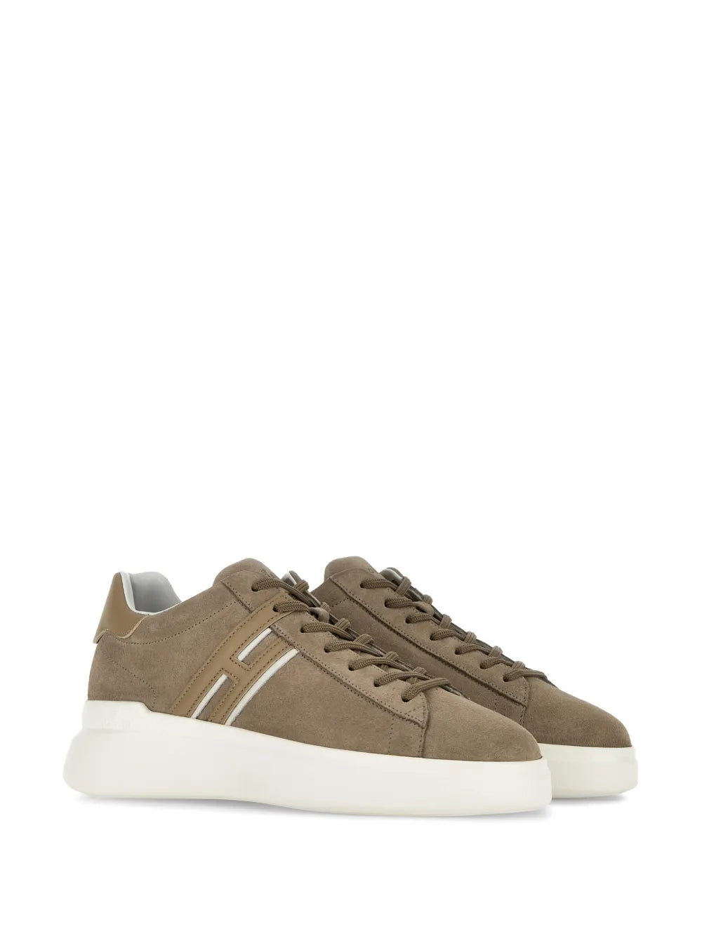 Brown suede lace-up sneakers with white side stripe and thick rubber sole