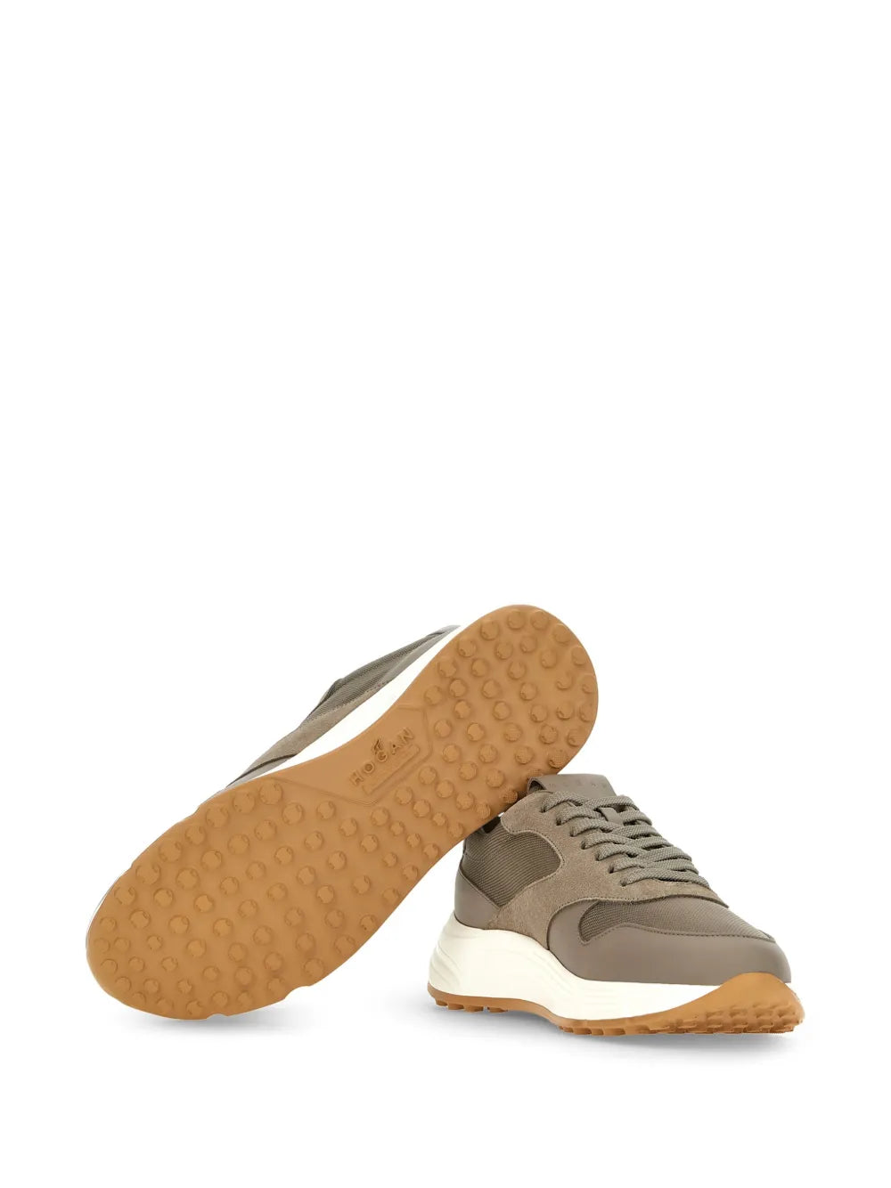 Low-top sneakers side view with gum outsole, white midsole, olive-taupe uppers