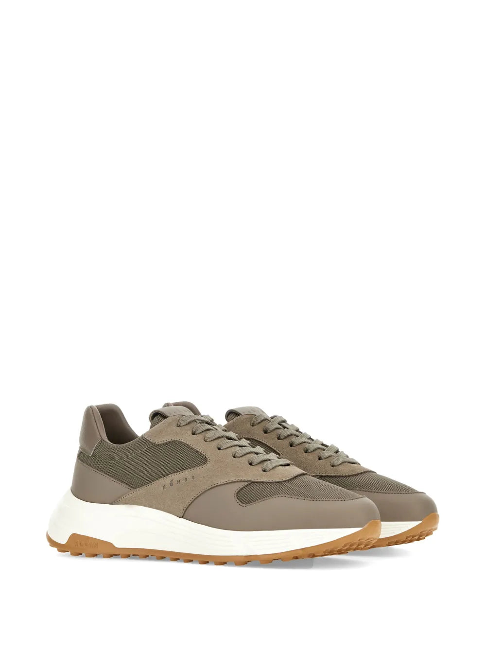 Olive and taupe low-top sneakers with lace-up, white midsole, tan outsole tread