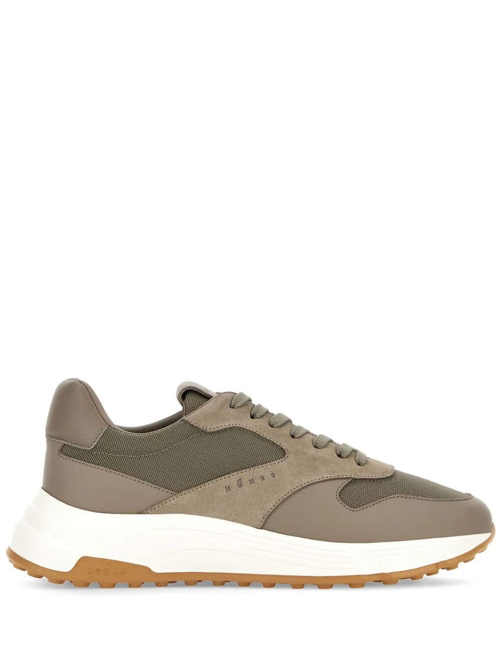 Hogan Hyperlight low-top sneakers, taupe/olive, white sole, tan rubber outsole