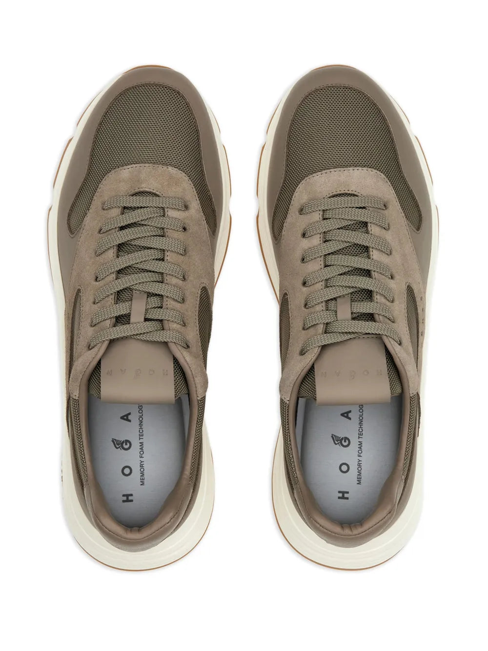 Taupe and olive sneakers viewed from above, lace-up with branded insole label