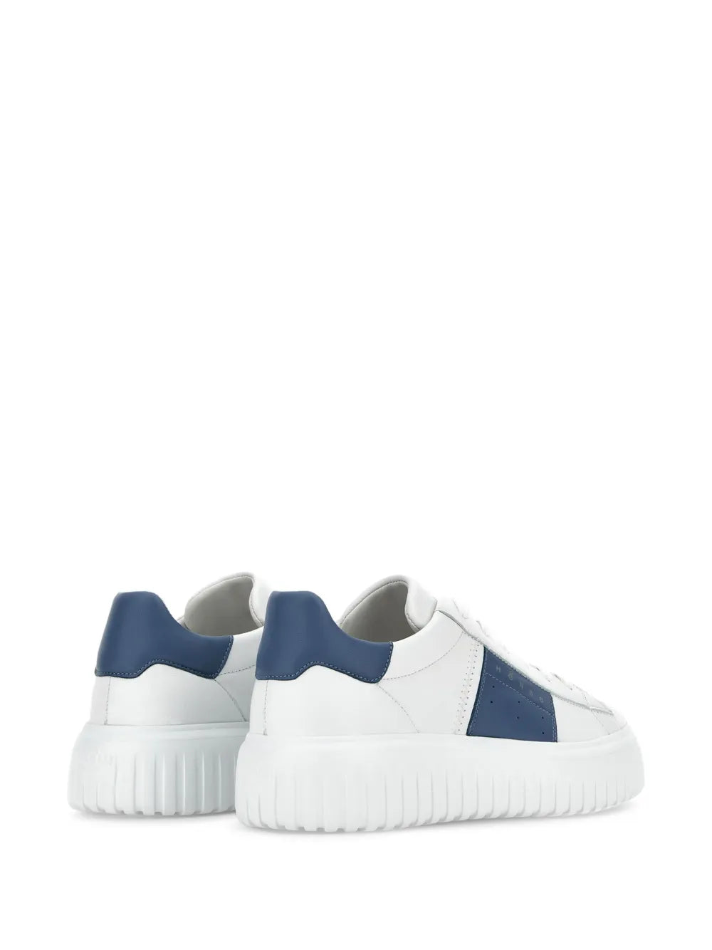 Hogan sneakers with white uppers and blue heel and side accents, cushioned sole