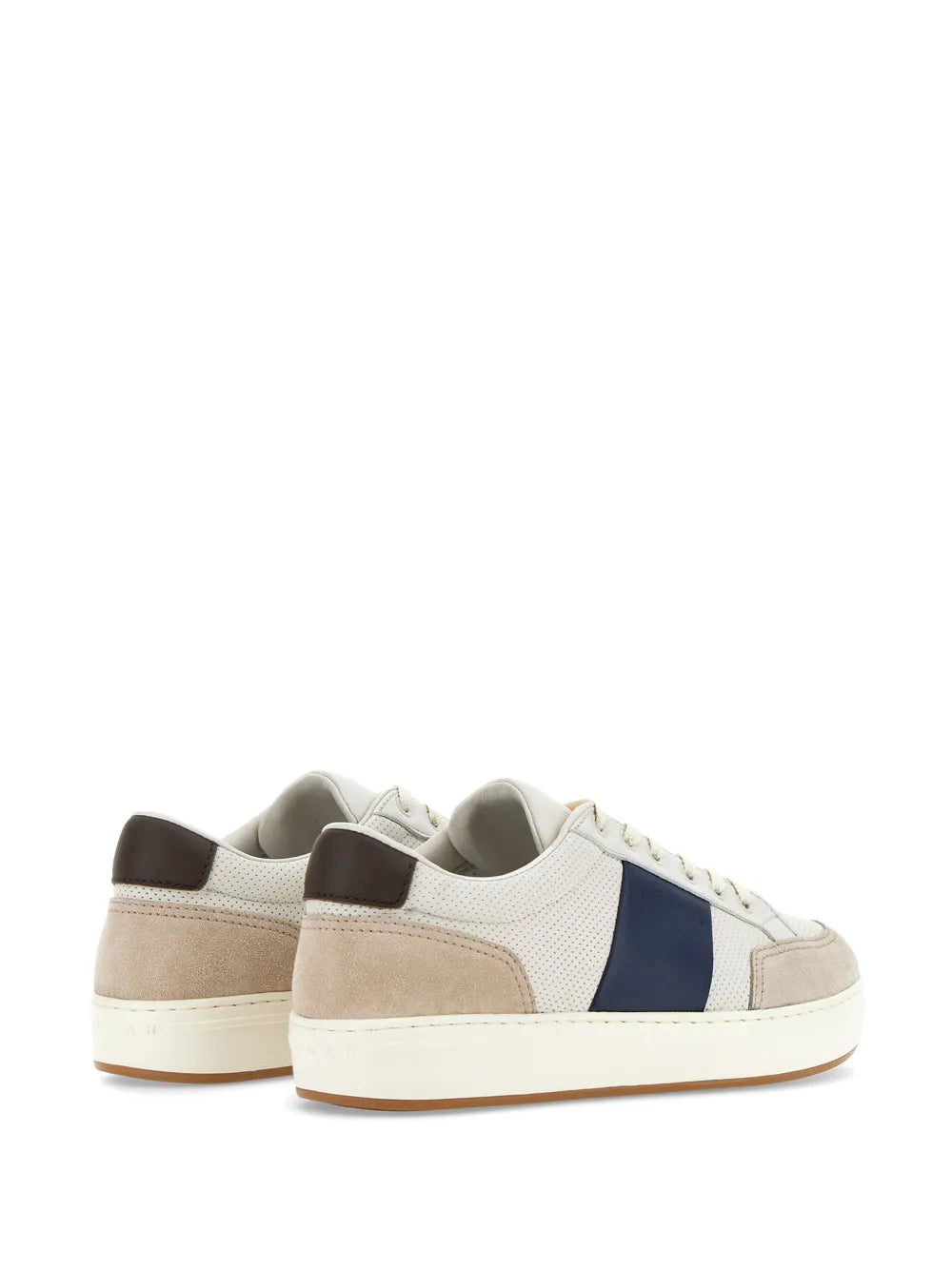Hogan trainers back/side view with beige suede overlays, navy stripe, lace-up front