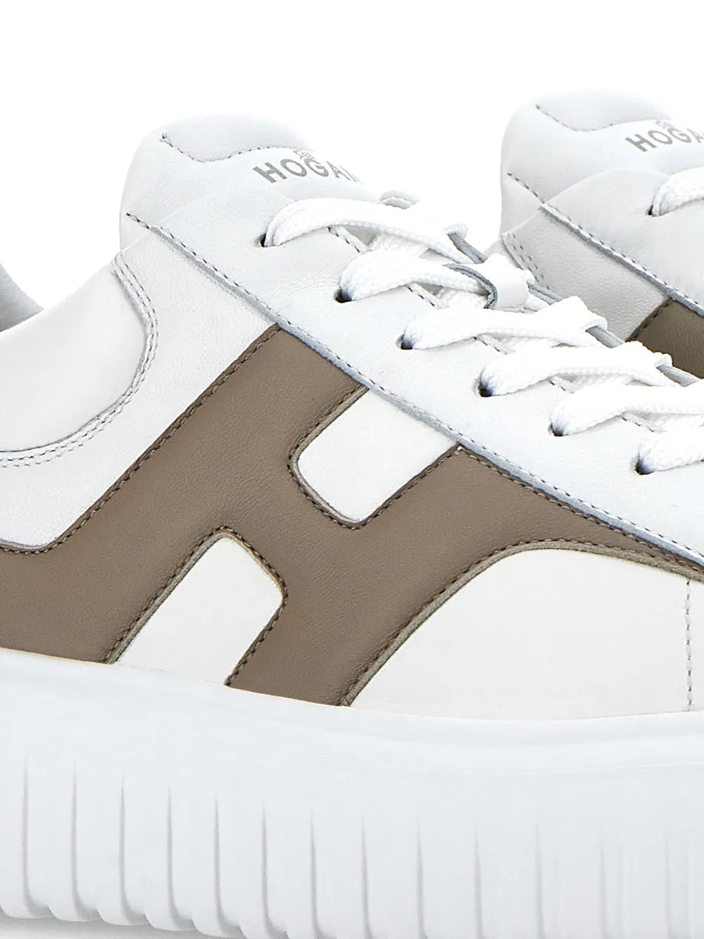Hogan H-stripes sneakers close-up, white uppers with brown H-panel and lace details