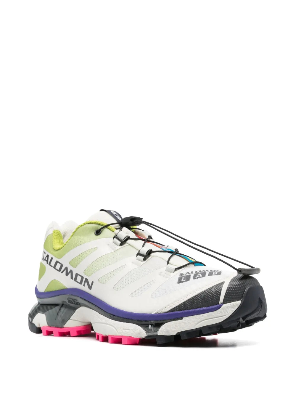 White trail running sneaker with lime panels, black laces, purple edge, pink tread