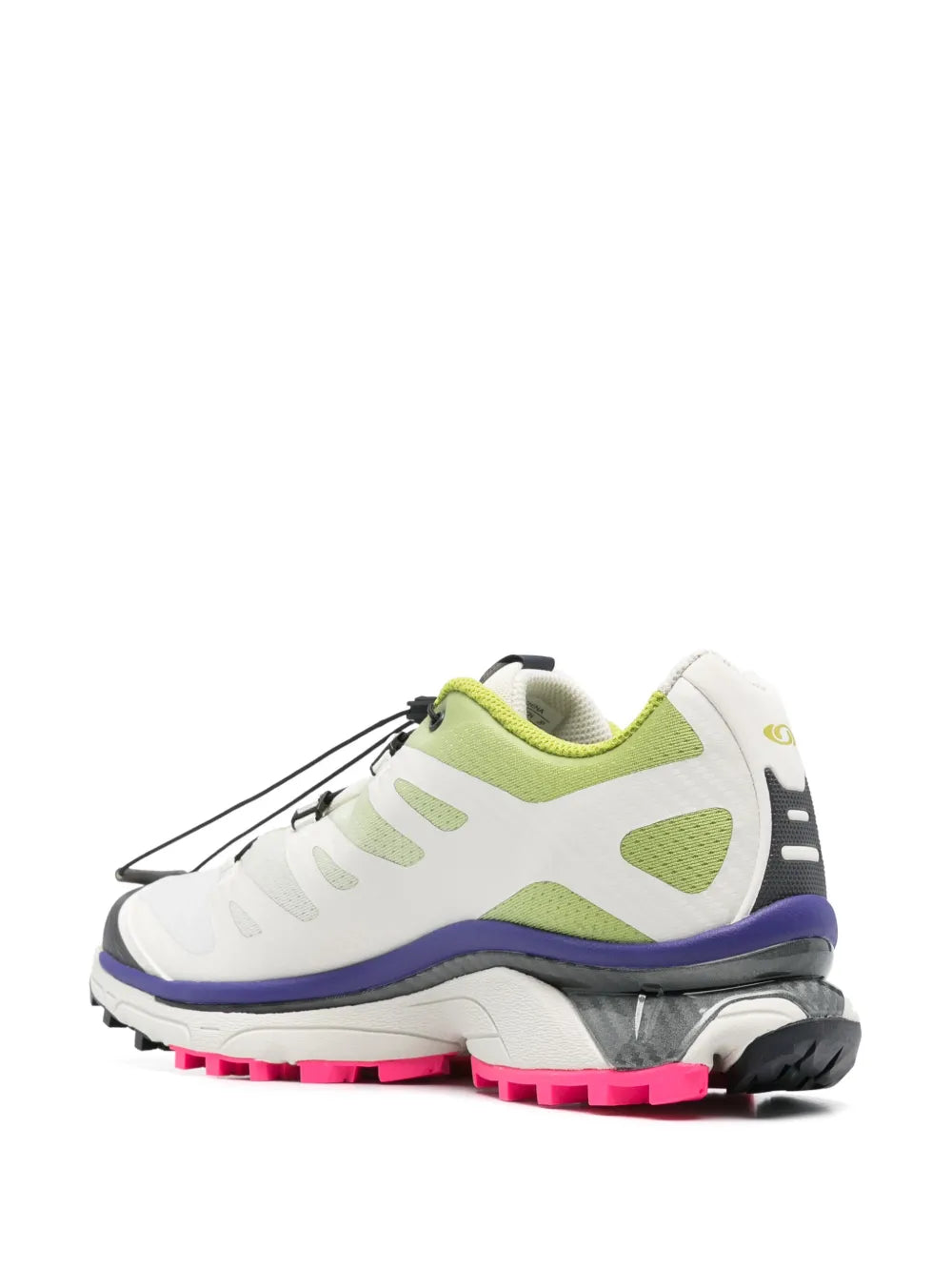 White and lime low-top trail shoe, purple midsole, pink lugged outsole, side view