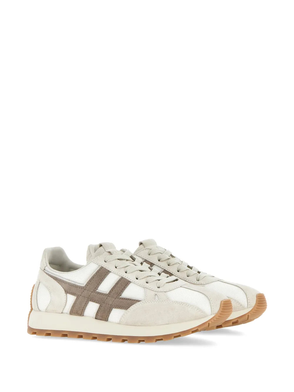 Hogan H671 low-top sneakers, off-white suede with taupe stripes and lace-up; side profile