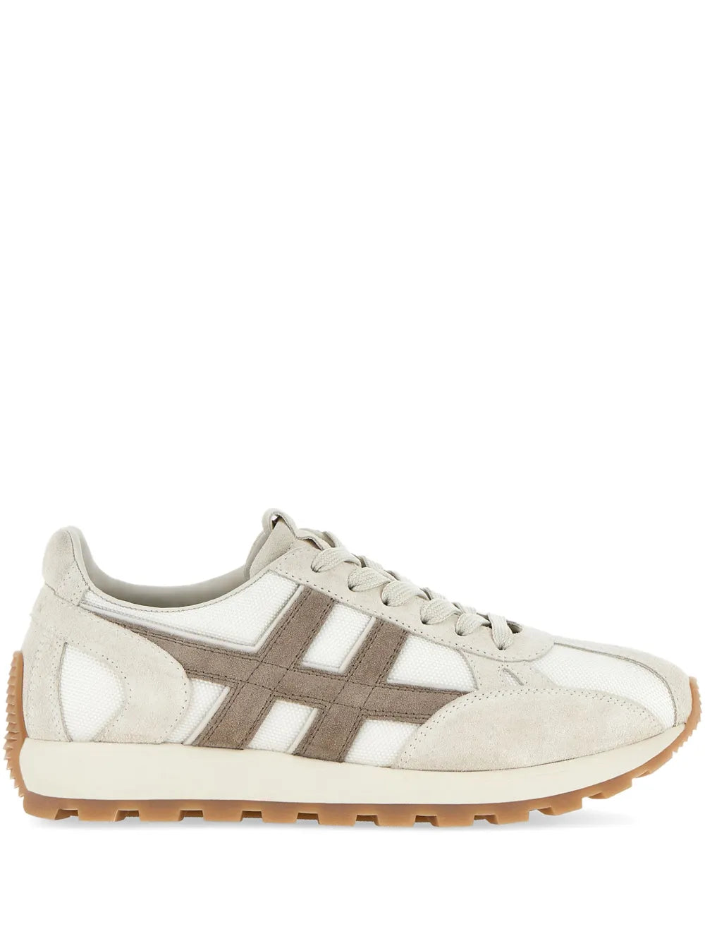 Hogan H671 low-top sneakers in off-white with taupe H panels and lace-up; gum sole
