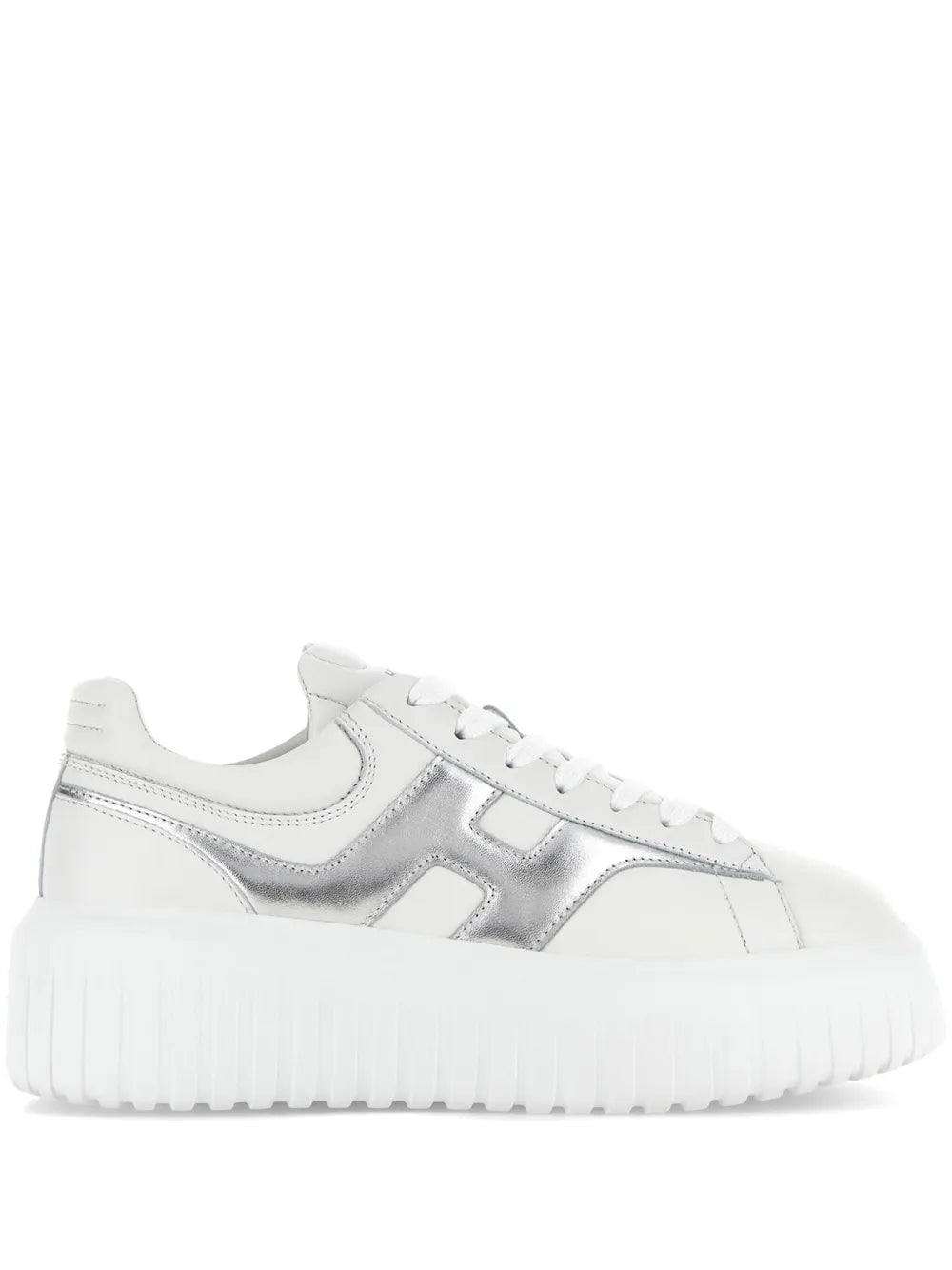 White Hogan H-Stripe leather sneakers with metallic H-panel and lace-up front.
