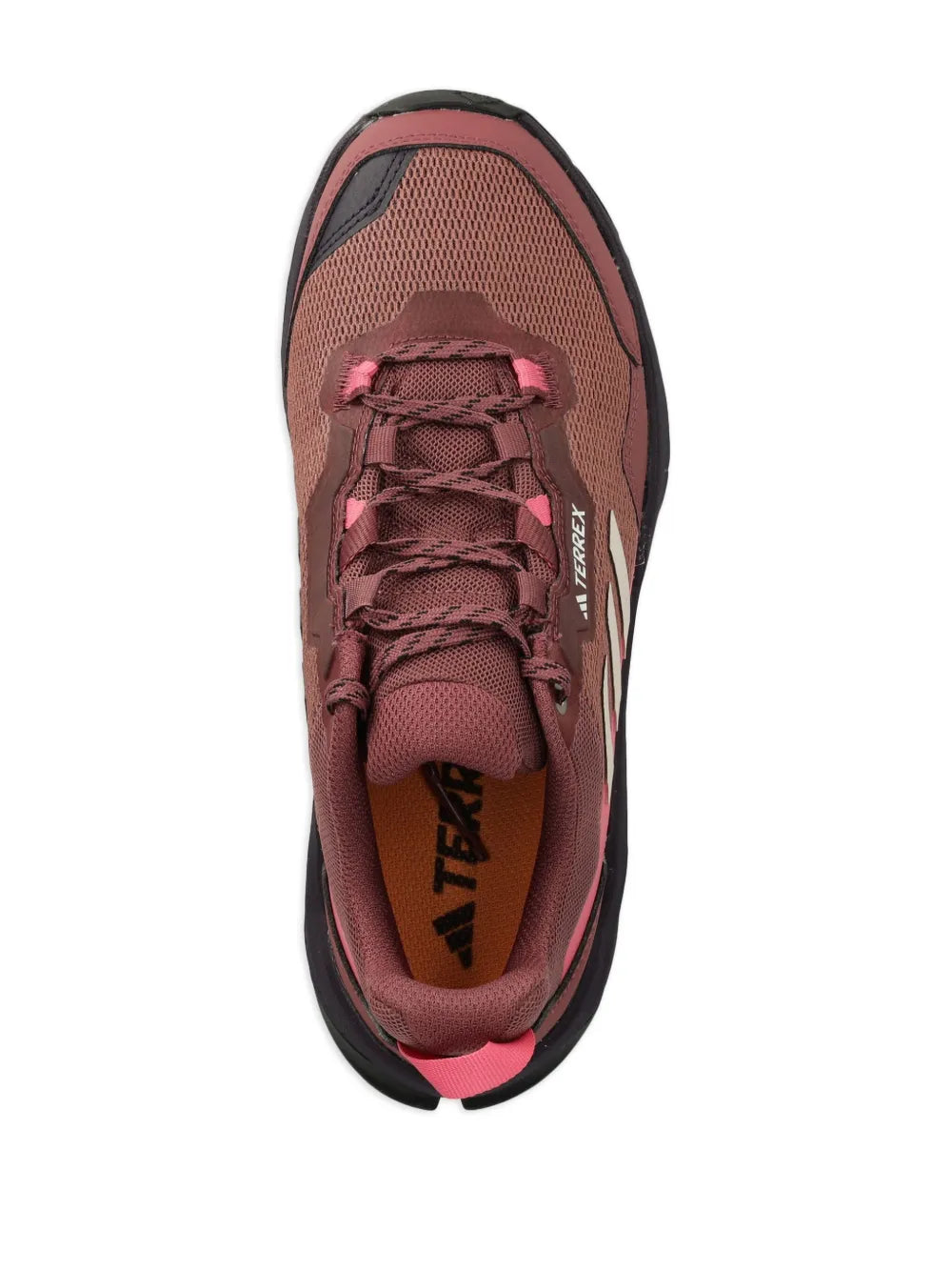 Trail shoe top view with lace-up closure, pink laces, and textured mesh upper