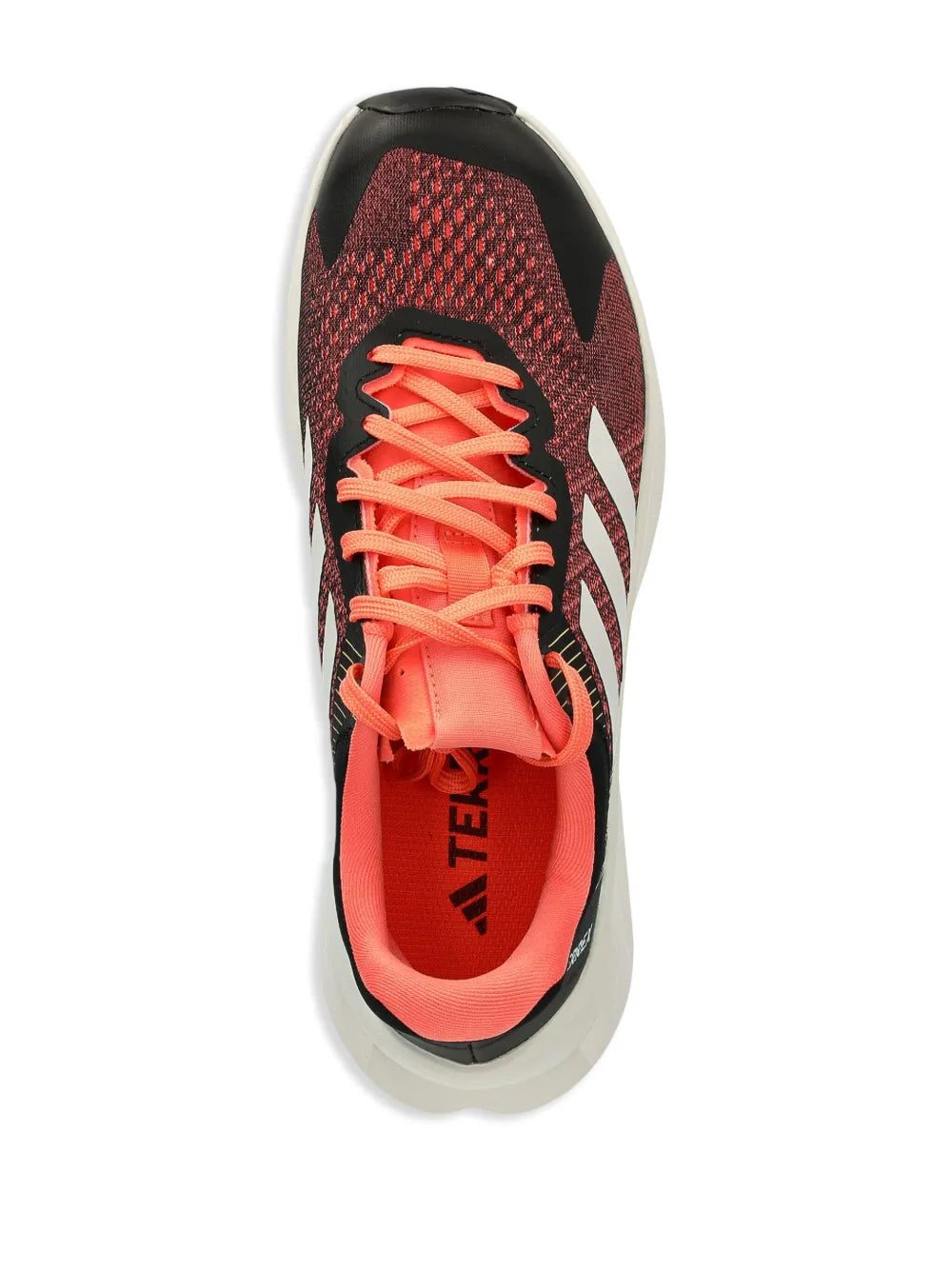 adidas Terrex shoes close-up: black and orange mesh upper with orange lace detail