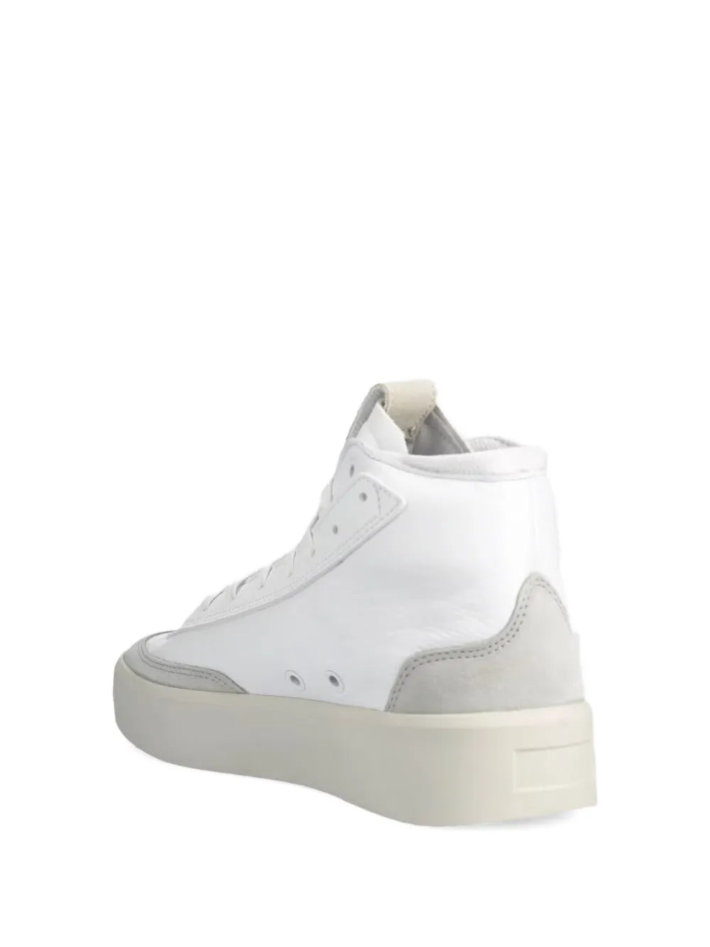 White adidas high-top sneaker with padded collar and gray heel panel, cream sole.