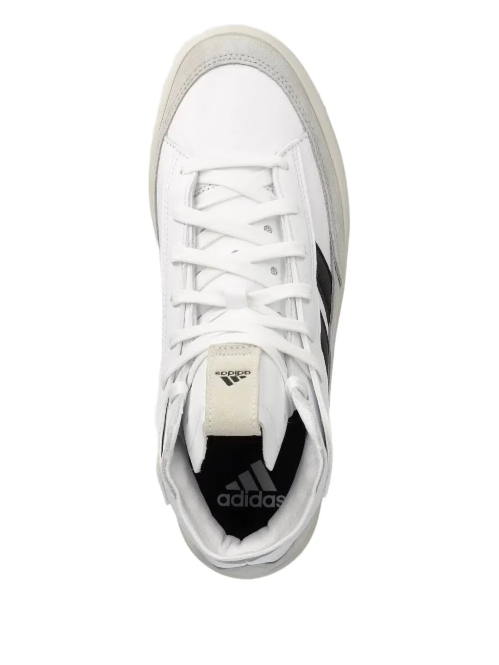White adidas high-top sneaker with lace-up front and visible tongue logo.
