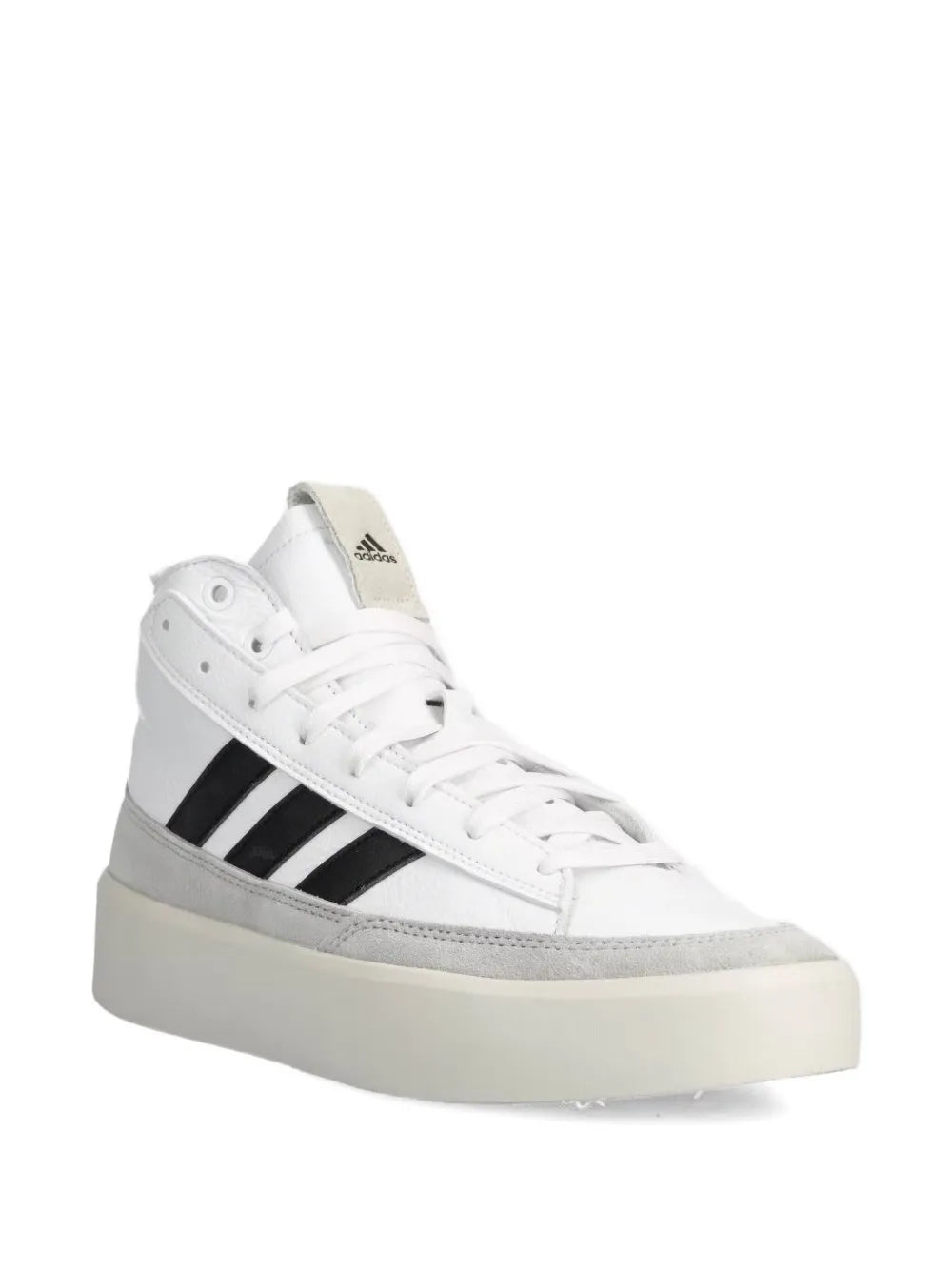 White adidas high-top sneaker with black stripes and thick cream platform sole.