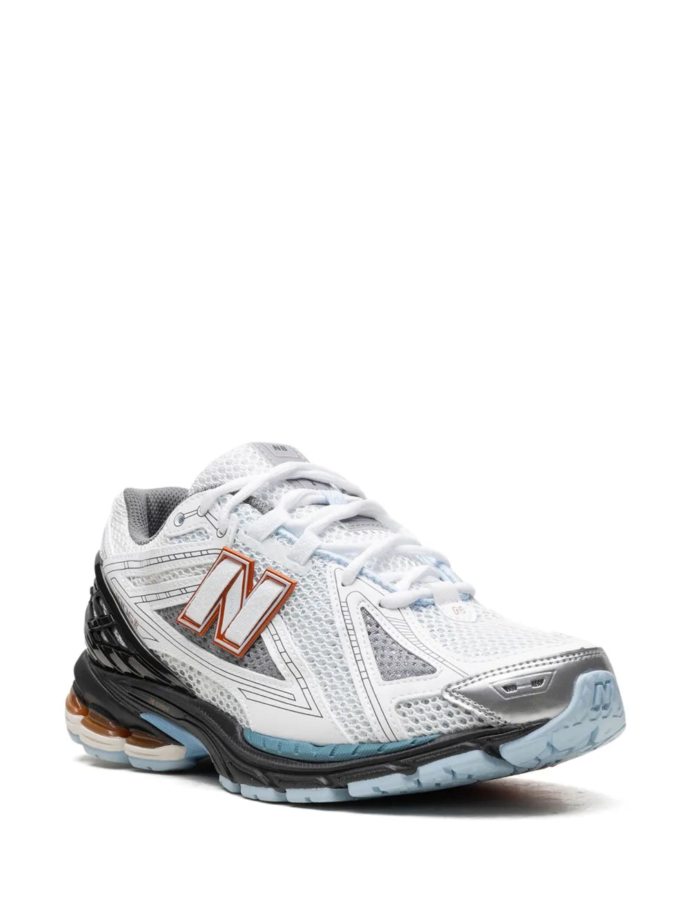 New Balance 1906R white/black sneakers, side view, orange N logo