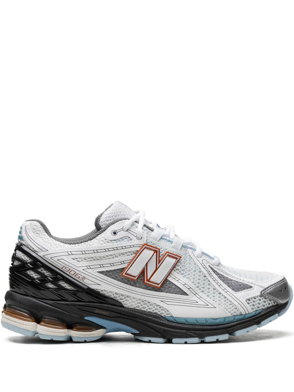 New Balance 1906R white/black sneakers with orange N logo and blue outsole