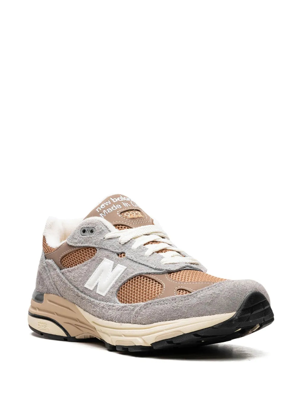 Grey suede sneakers with N logo, brown mesh panels, cream laces