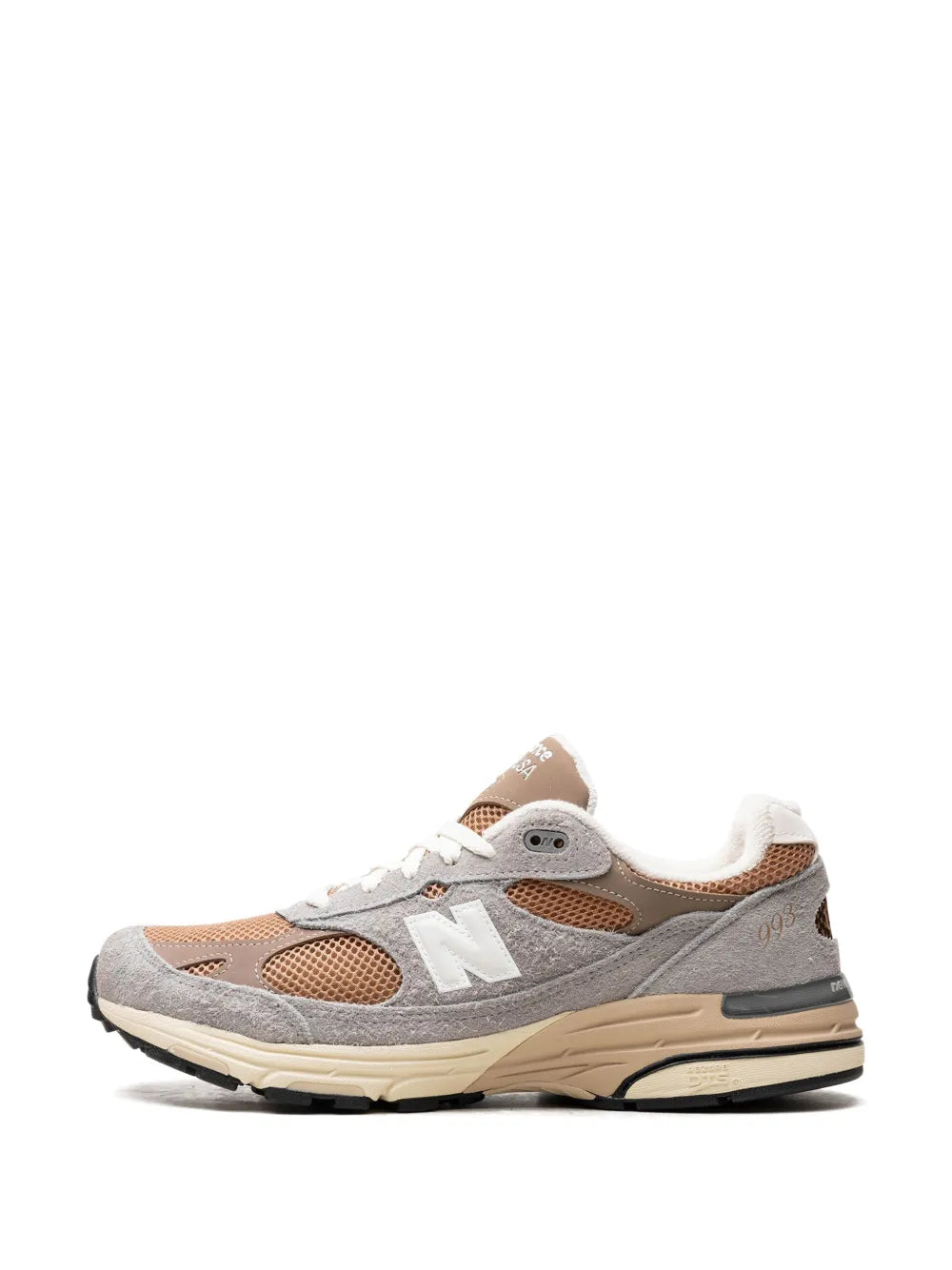 Grey suede low-top sneakers with brown mesh, cream laces and N emblem