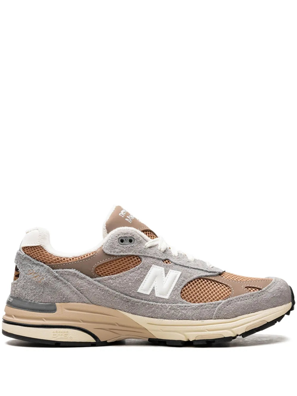 New Balance 993 sneakers in grey suede with brown mesh, cream laces