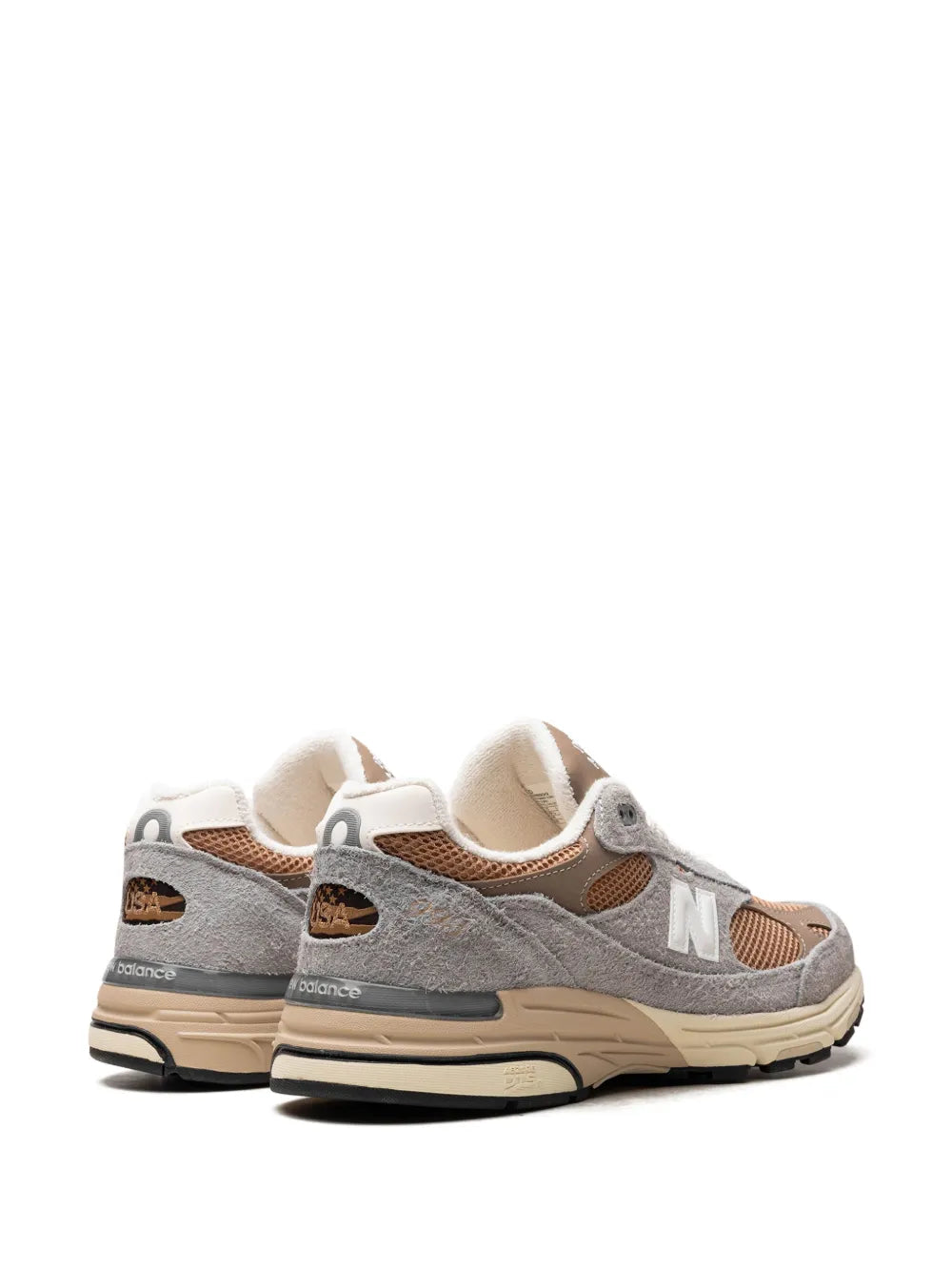 Grey suede sneakers with N logo, brown mesh, cream laces and heel branding
