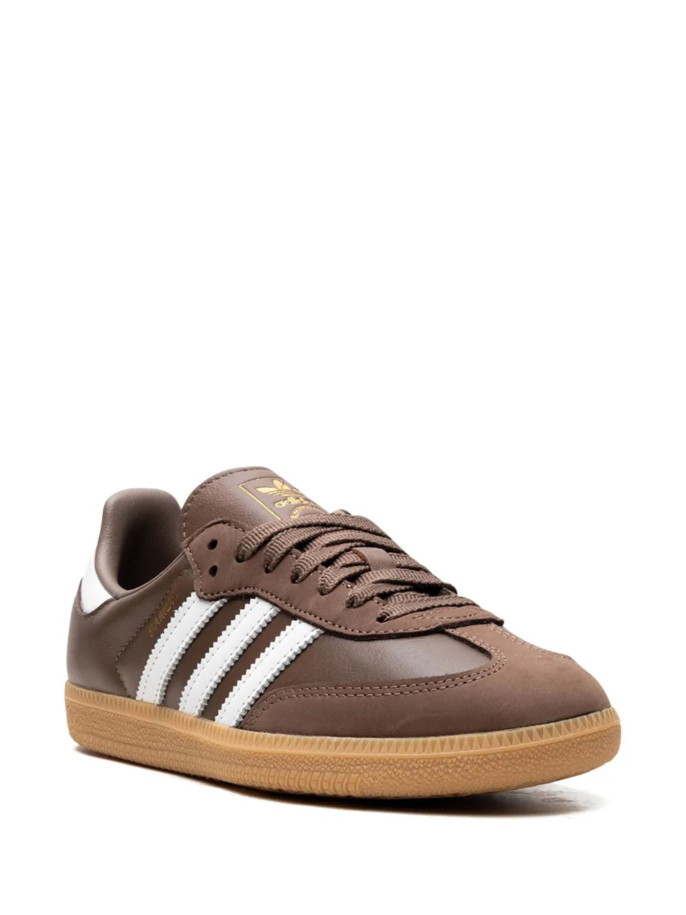 adidas Samba OG sneakers, side view with brown uppers, white stripes, gum outsole