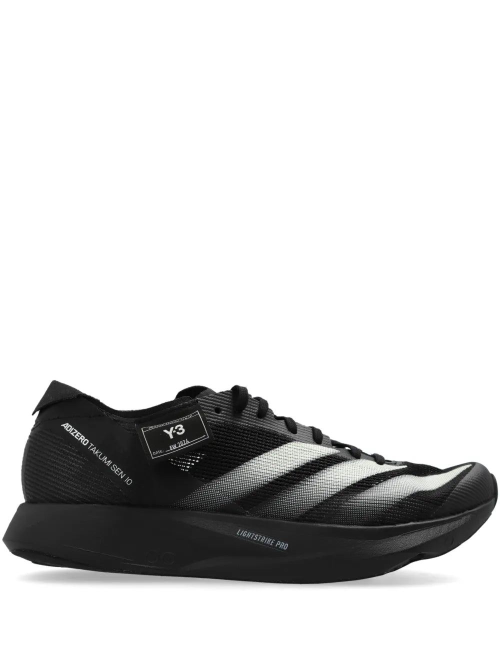 Black lace-up running sneaker with white diagonal stripe panels and Y-3 logo